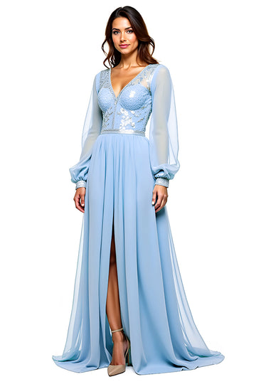 Bleu ciel scintillant col V manches longues paillettes robe de demoiselle d’honneur longue avec fente